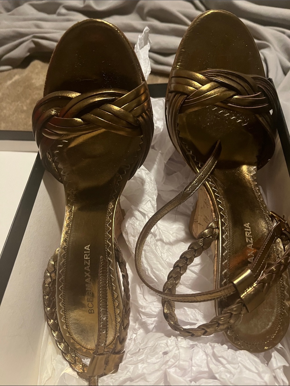 BCBGMaxAzria Metallic Gold Braided Ankle-Strap Heels